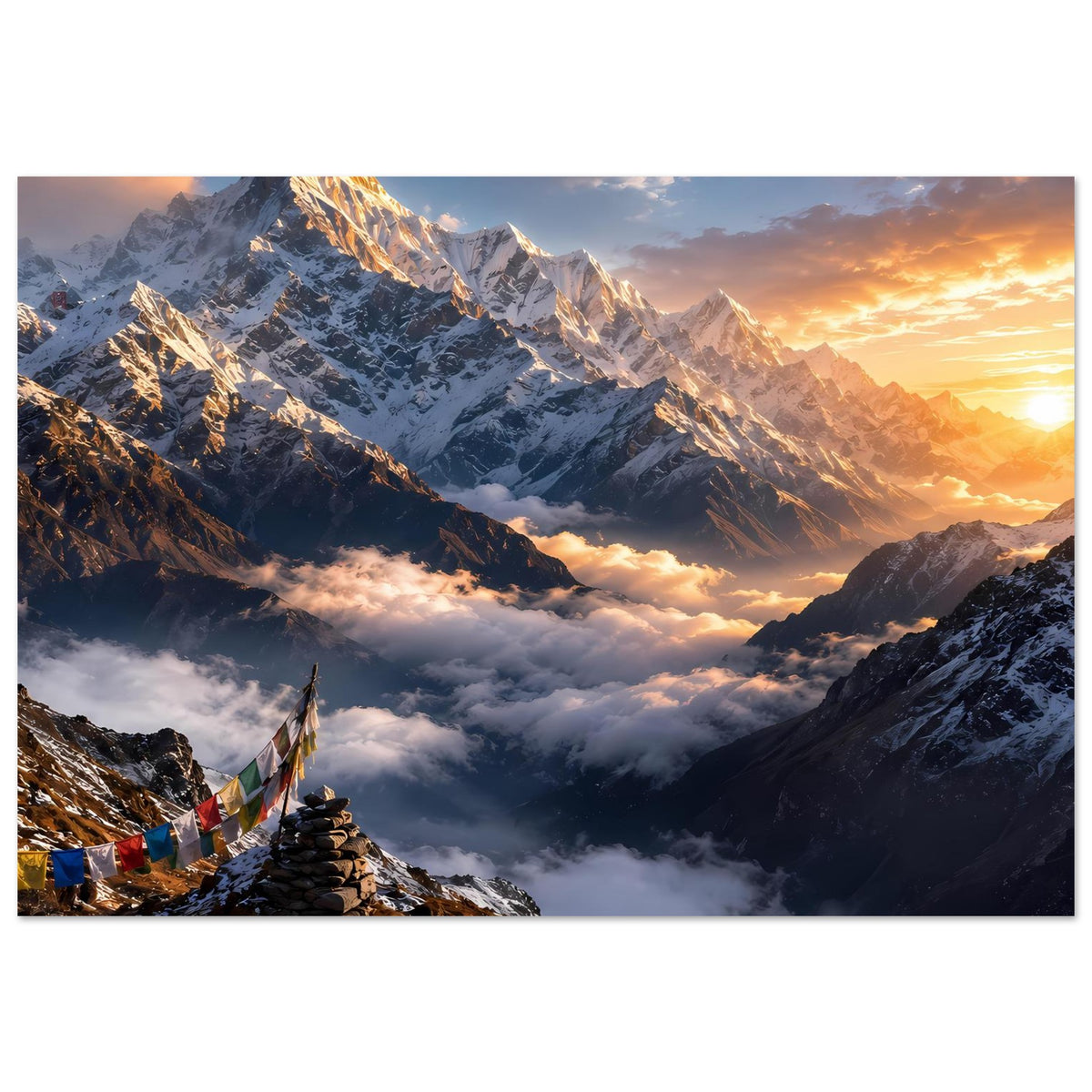Poster mit Himalaya-Gebirge im goldenen Morgenlicht und tiefer Wolkendecke