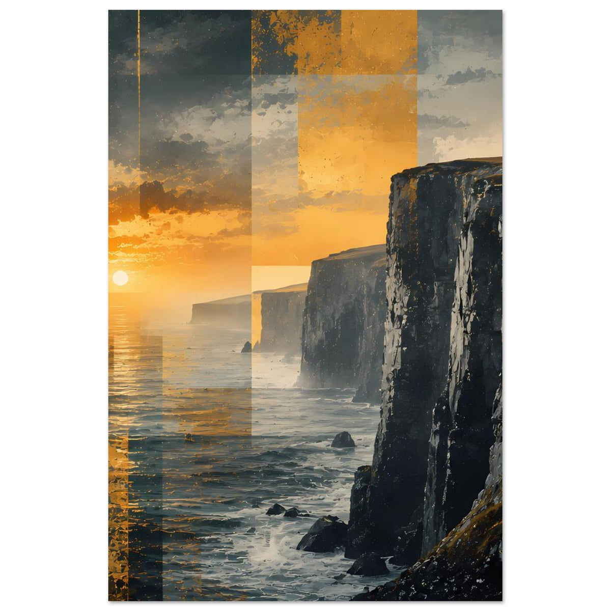 Vertikales Poster mit Meerblick bei Abendlicht: orange Himmel, felsige Küste rechts
