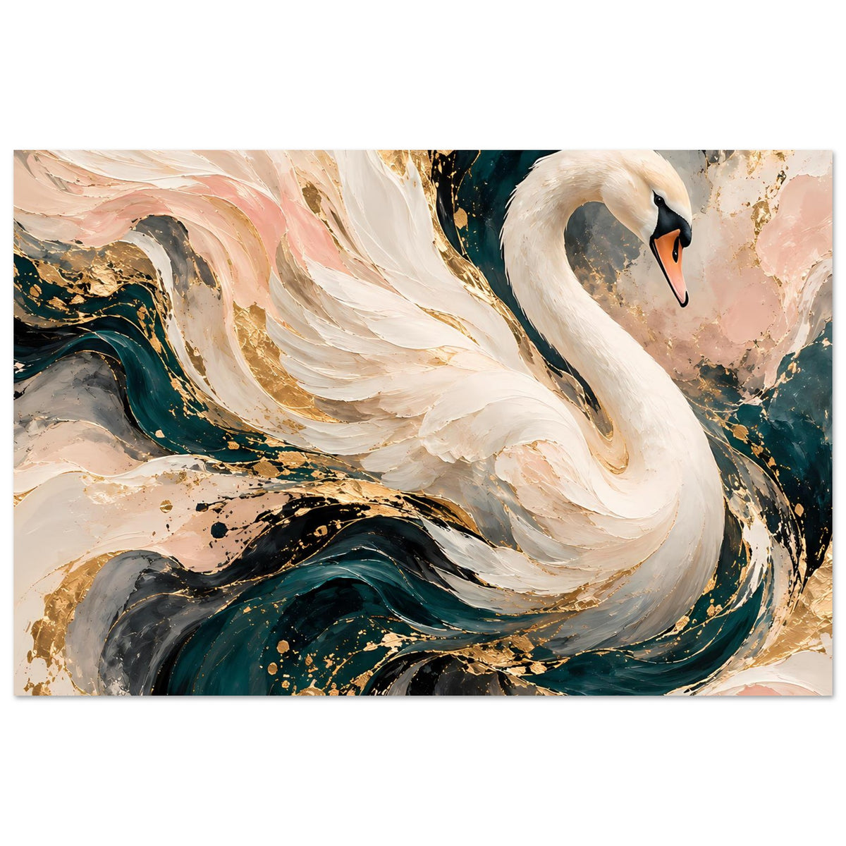 Kunstposter mit weißem Schwan im Querformat, umgeben von türkis-schwarzen Farbwirbeln