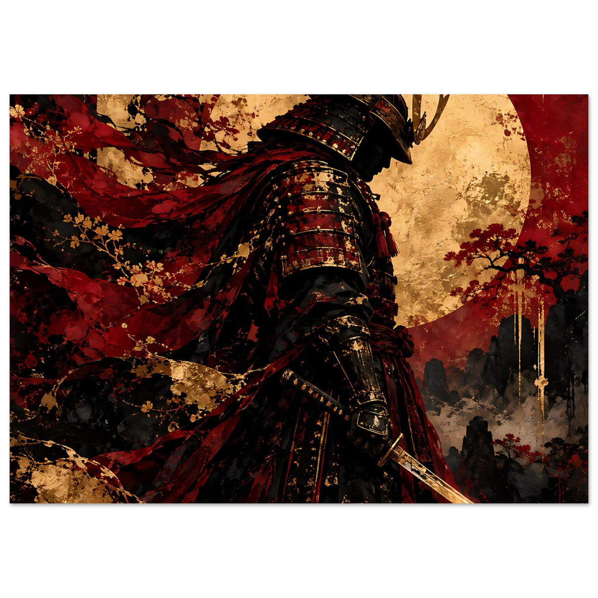 Japan-Poster: Samurai-Krieger in roter Robe, dunkler Rüstung und Katanaschwert