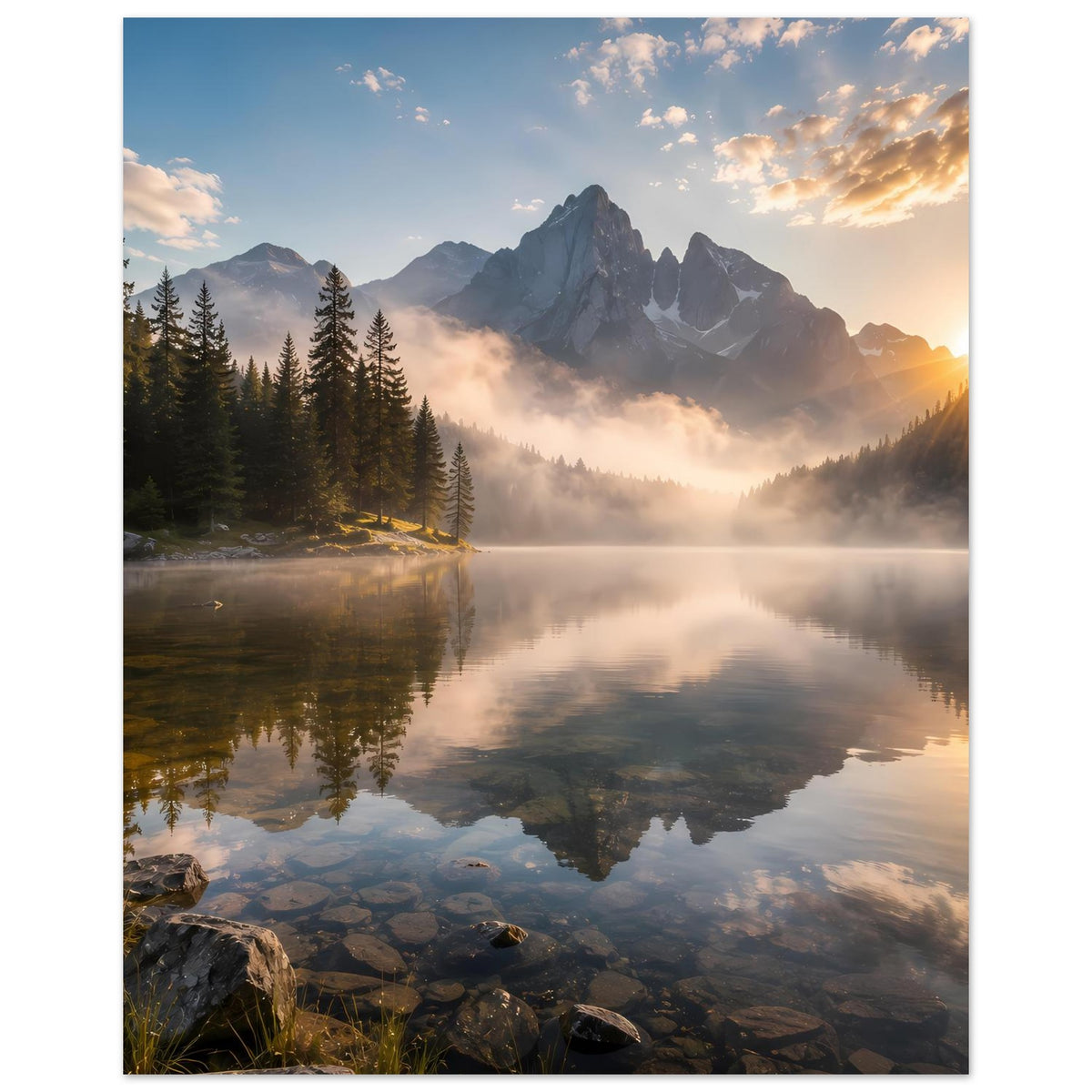 Hochkantposter mit Bergmassiv, stiller Wasserfläche, Nebel und Sonnenaufgang