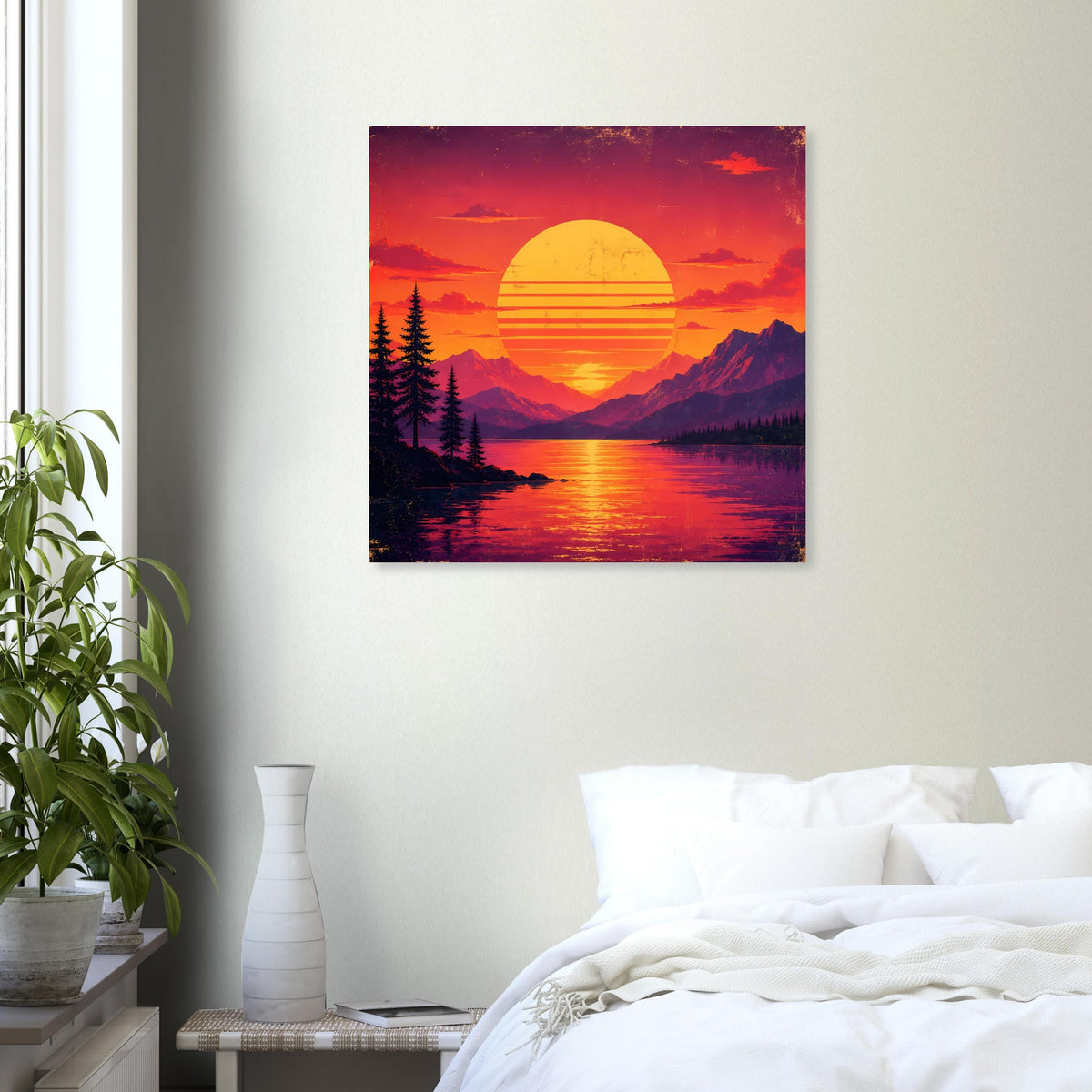 Poster mit Sonnenuntergang über Bergsee und Tannen, großer gelber Kreis in Orange/Violett