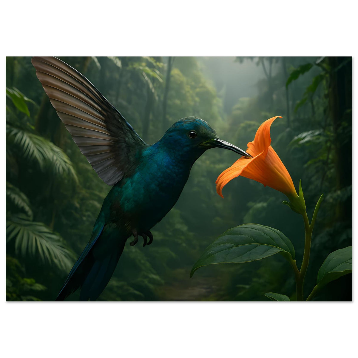 Poster mit blauem Kolibri und orangefarbener Blüte, umgeben von großen grünen Blättern.