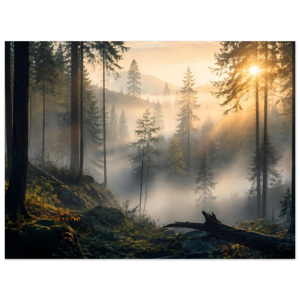 Wandposter Wald bei Sonnenaufgang mit Sonne im Bild, Kiefern und Nebel, horizontal