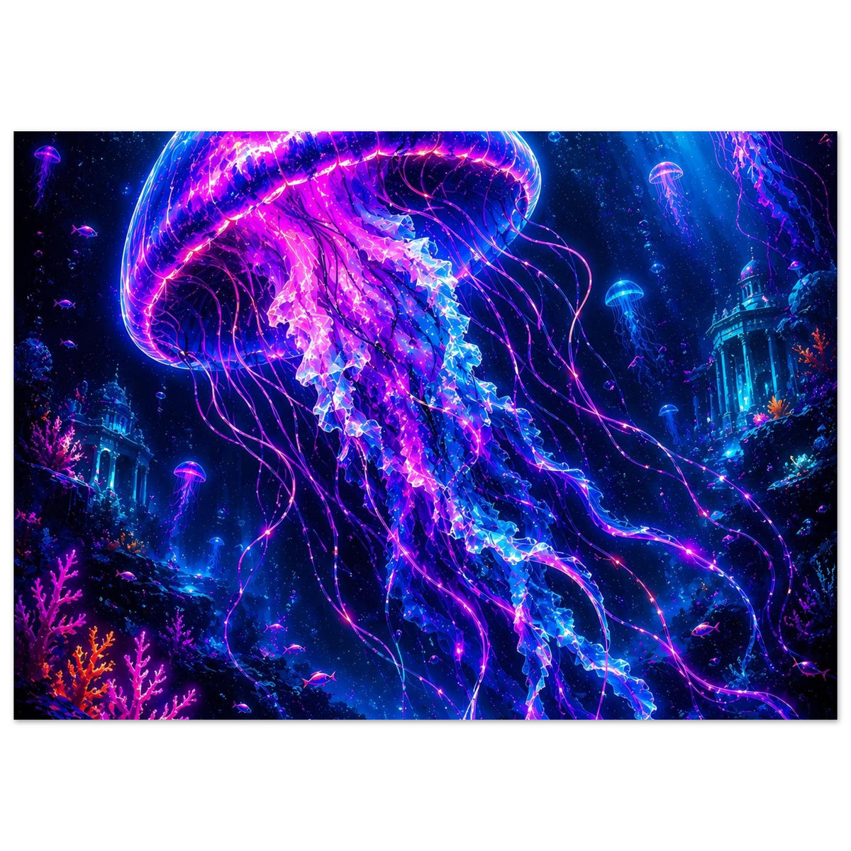 Poster mit großer leuchtender Qualle, violett-blauem Neonrand und verzweigten Tentakeln