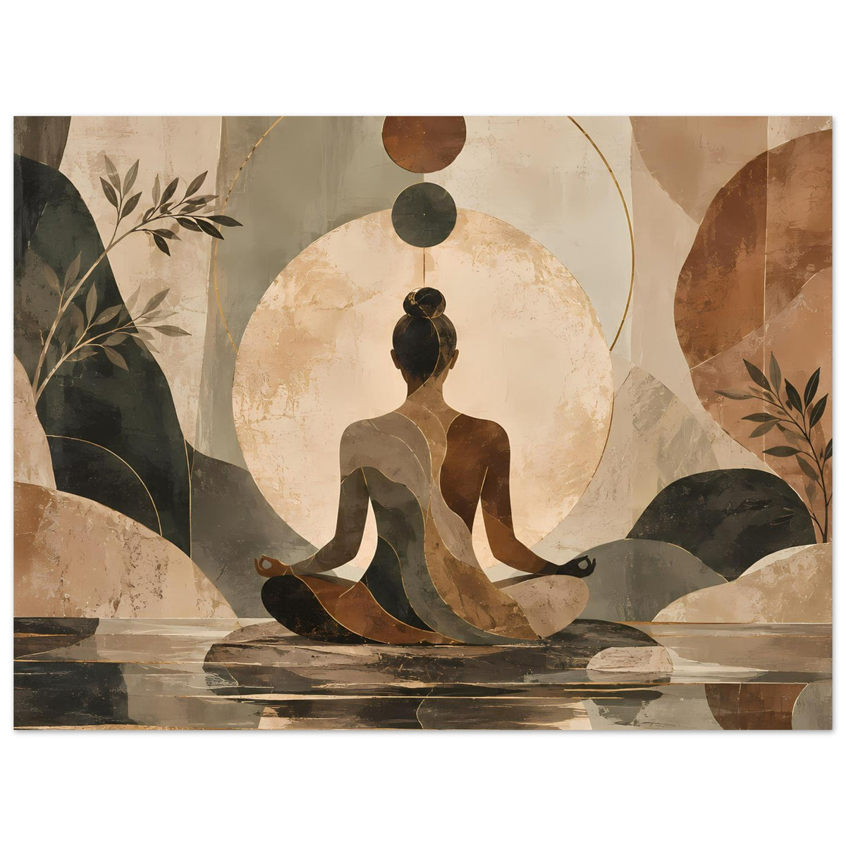 Horizontales Poster mit meditierender Figur im Zentrum, Kreislicht und Pflanzenranken an den Seiten