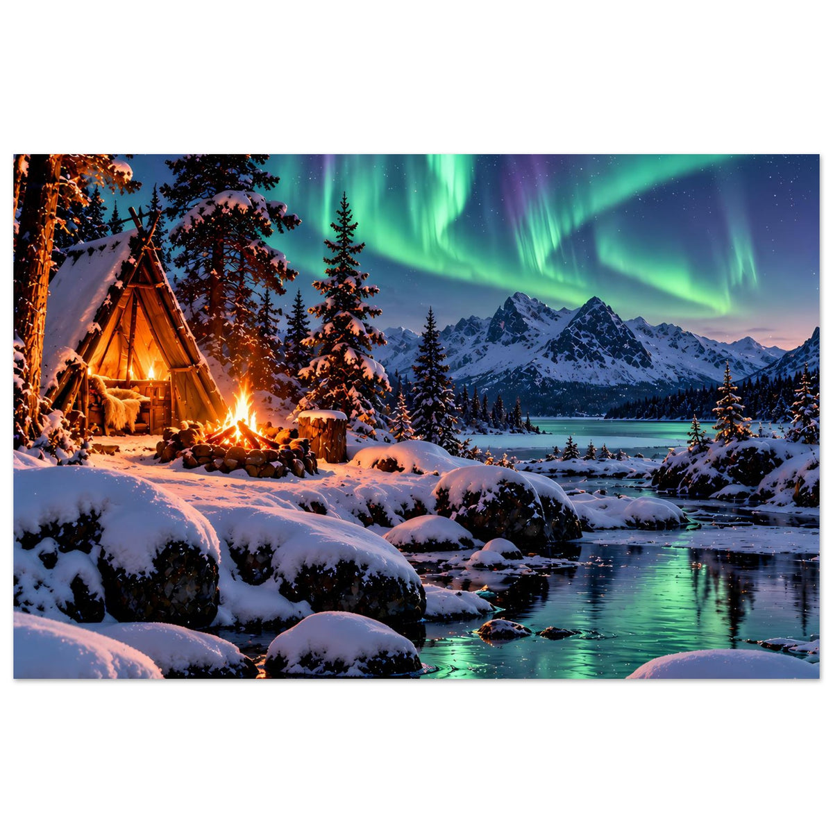 Winterlandschaft-Poster mit Lagerfeuer im Schnee, Nordlichtern über Bergen und See