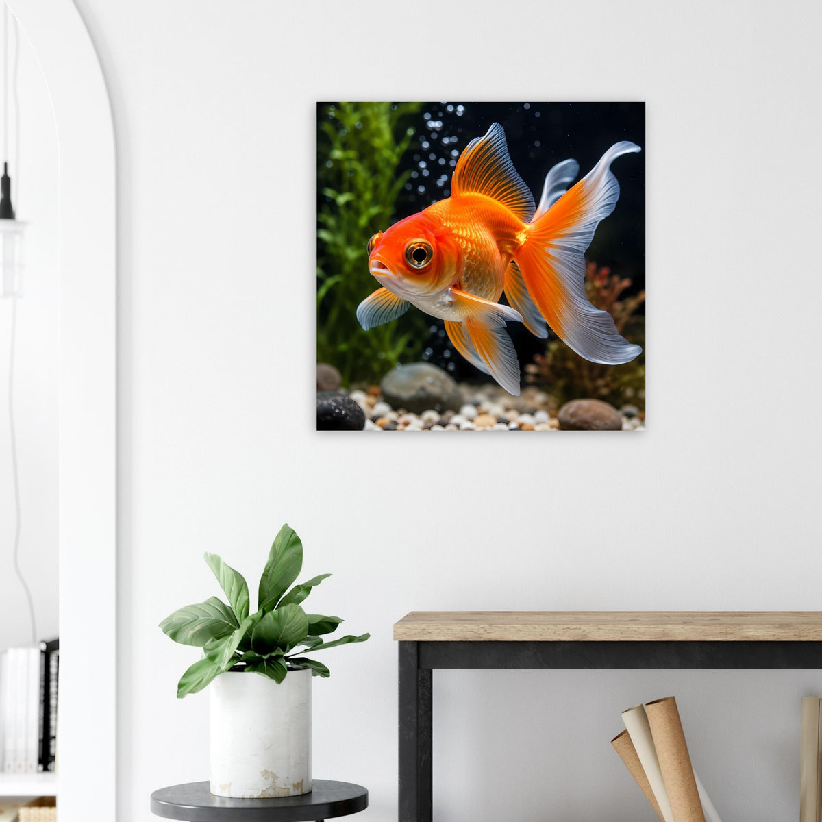 Goldfisch-Poster mit orangefarbenem Fisch und weißen Flossen, quadratisch