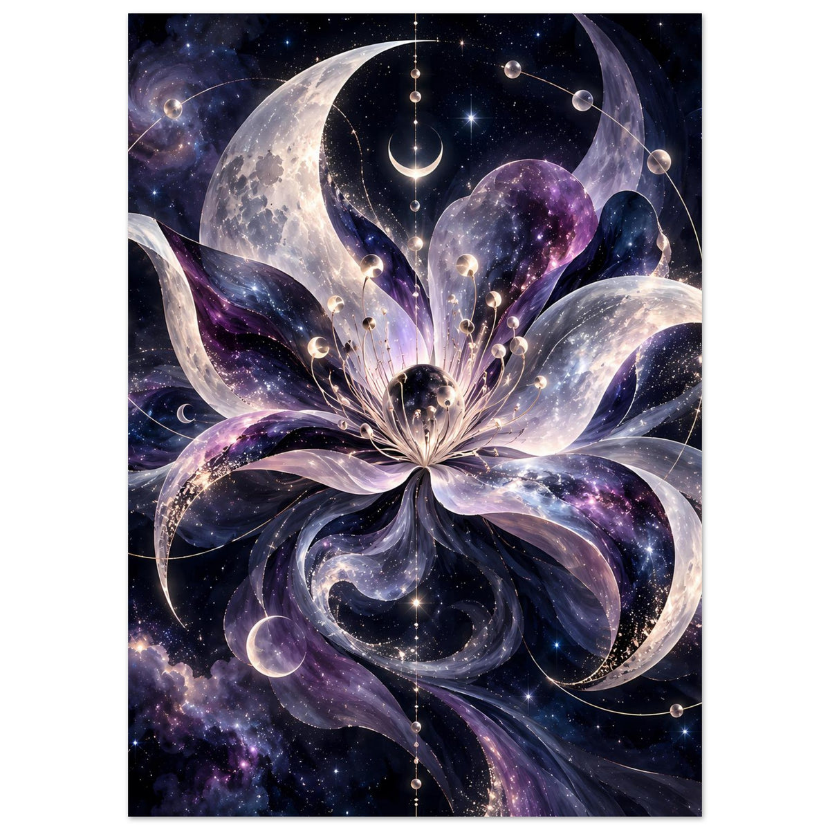 Kosmische Blüte mit Monden, Planeten und Sternen in violett-blauem Weltraum – Motivansicht 6