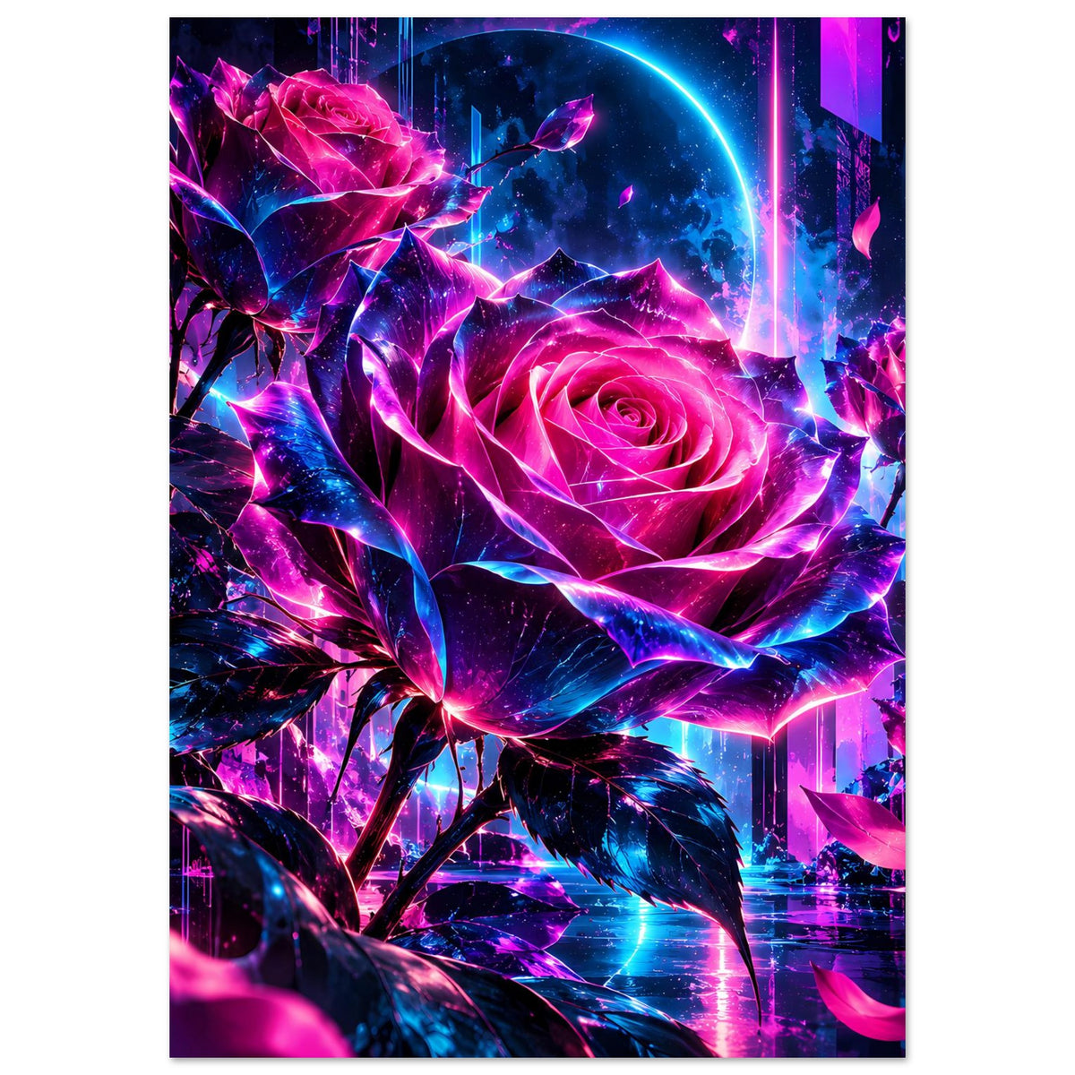 Hochformatiges Kunstposter mit Neonrose in der Mitte, pink-blaues Glimmen und Blätter