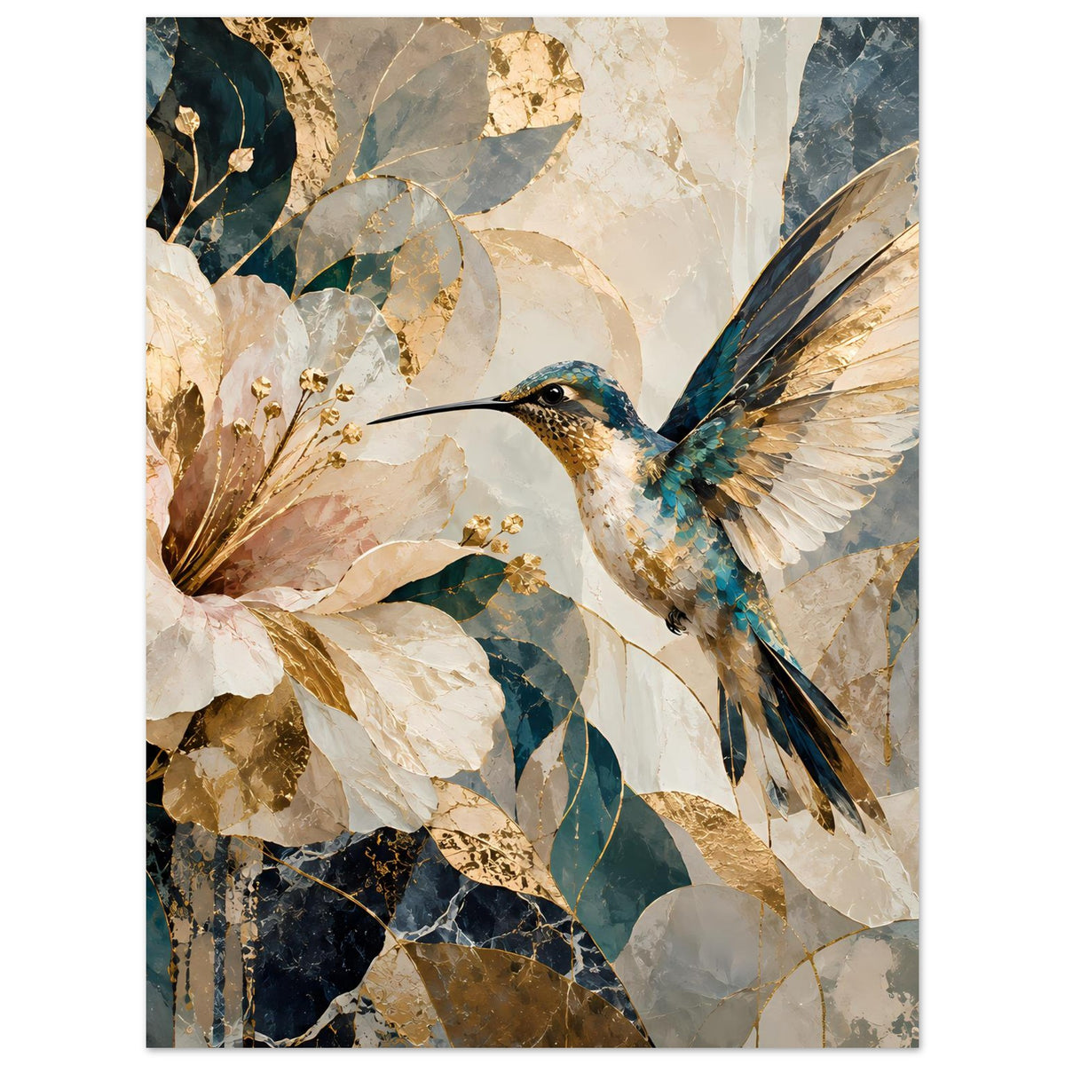 Wandposter mit Kolibri im Flug und Blütenzweig, Blau-Beige-Gold, hoch