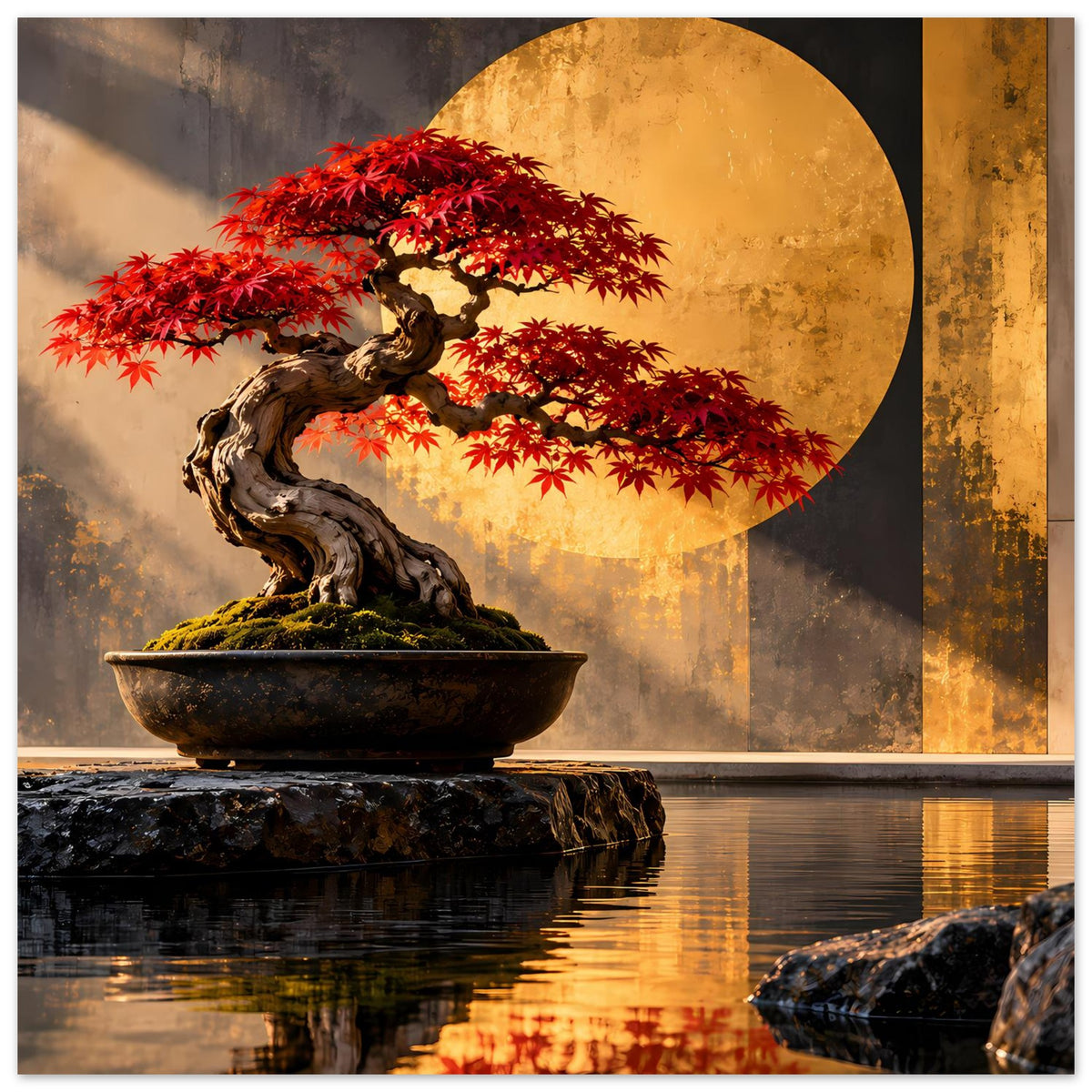 Bonsai-Poster (quer): roter Ahornbaum in dunkler Schale mit goldener Halbmondform
