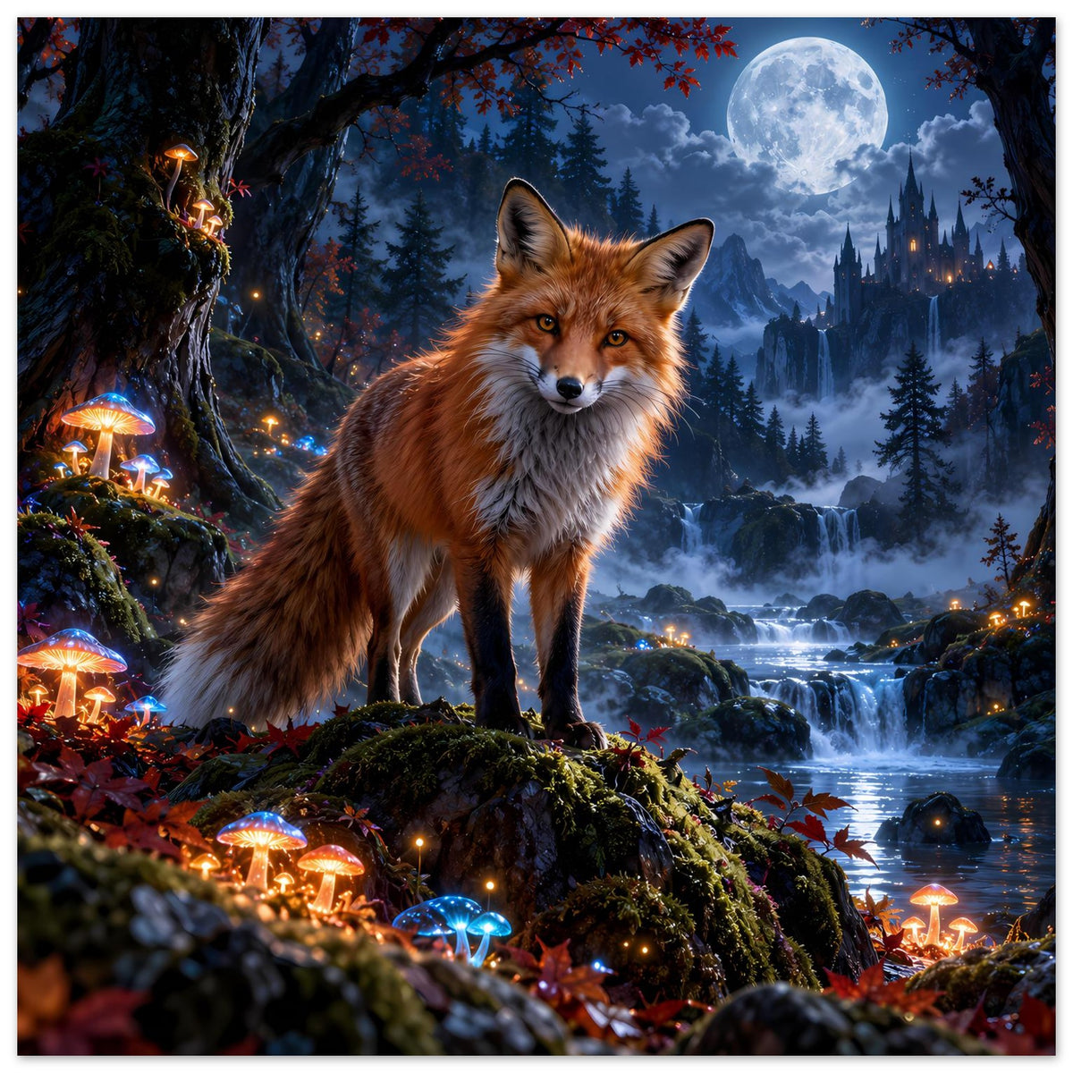 Magischer Rotfuchs im nächtlichen Märchenwald mit leuchtenden Pilzen und Vollmond – Fantasy-Poster