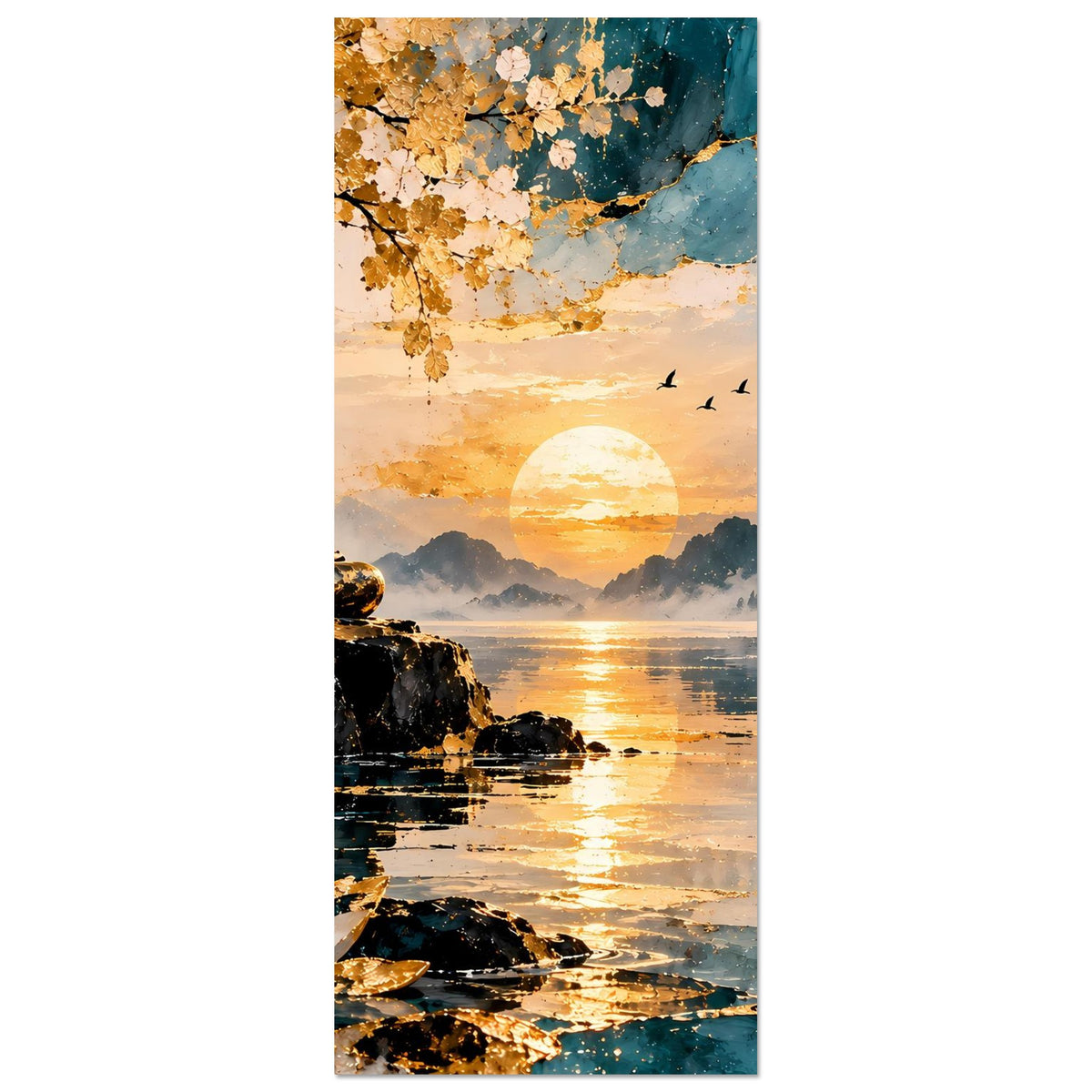Zen-Poster im Hochformat: Buddhafigur, Lotuspflanzen unten, goldene Sonne und ruhiger See