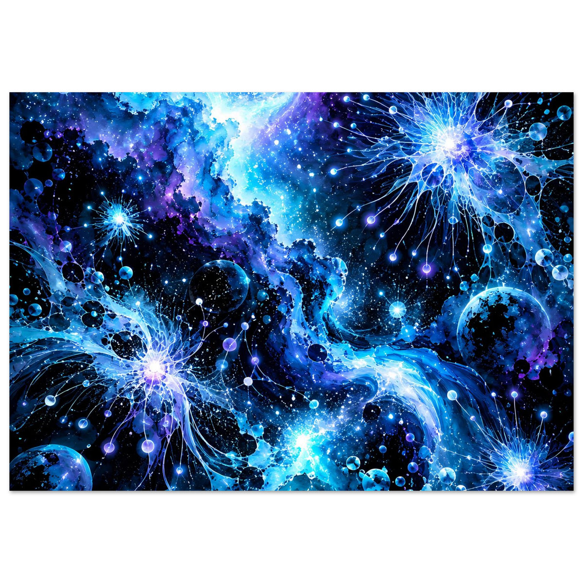 Leuchtendes galaktisches Poster: blaues Universum mit Planeten, Sternen und funkelnden Linien