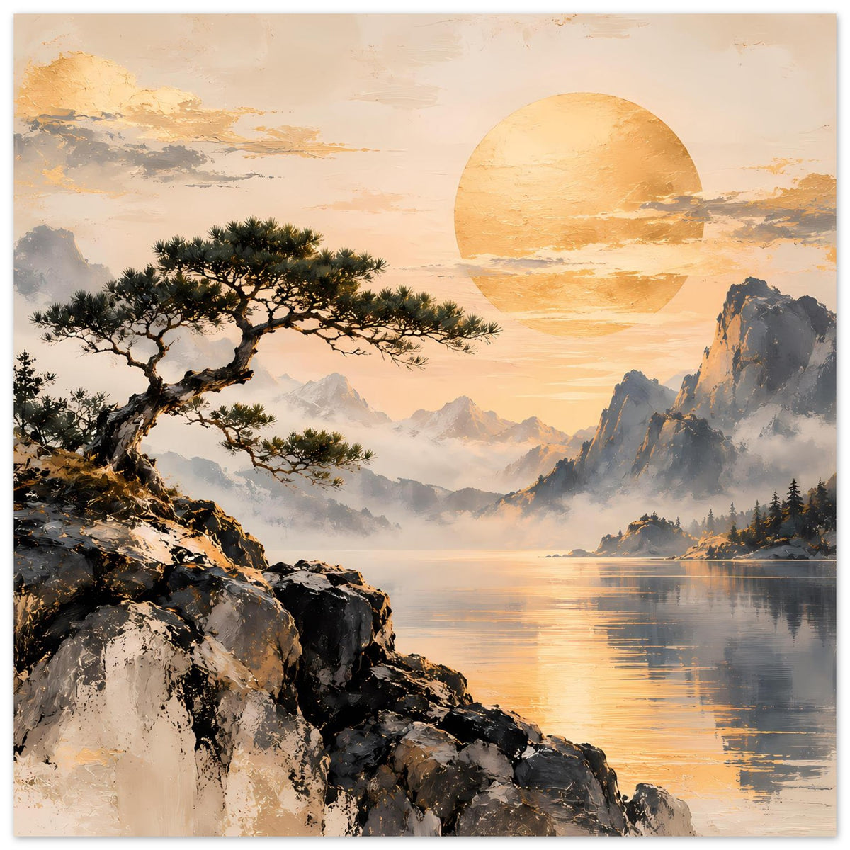 Landschaftsposter mit Bergpanorama, See und großem gelbem Sonnenmotiv, goldene Abendstimmung