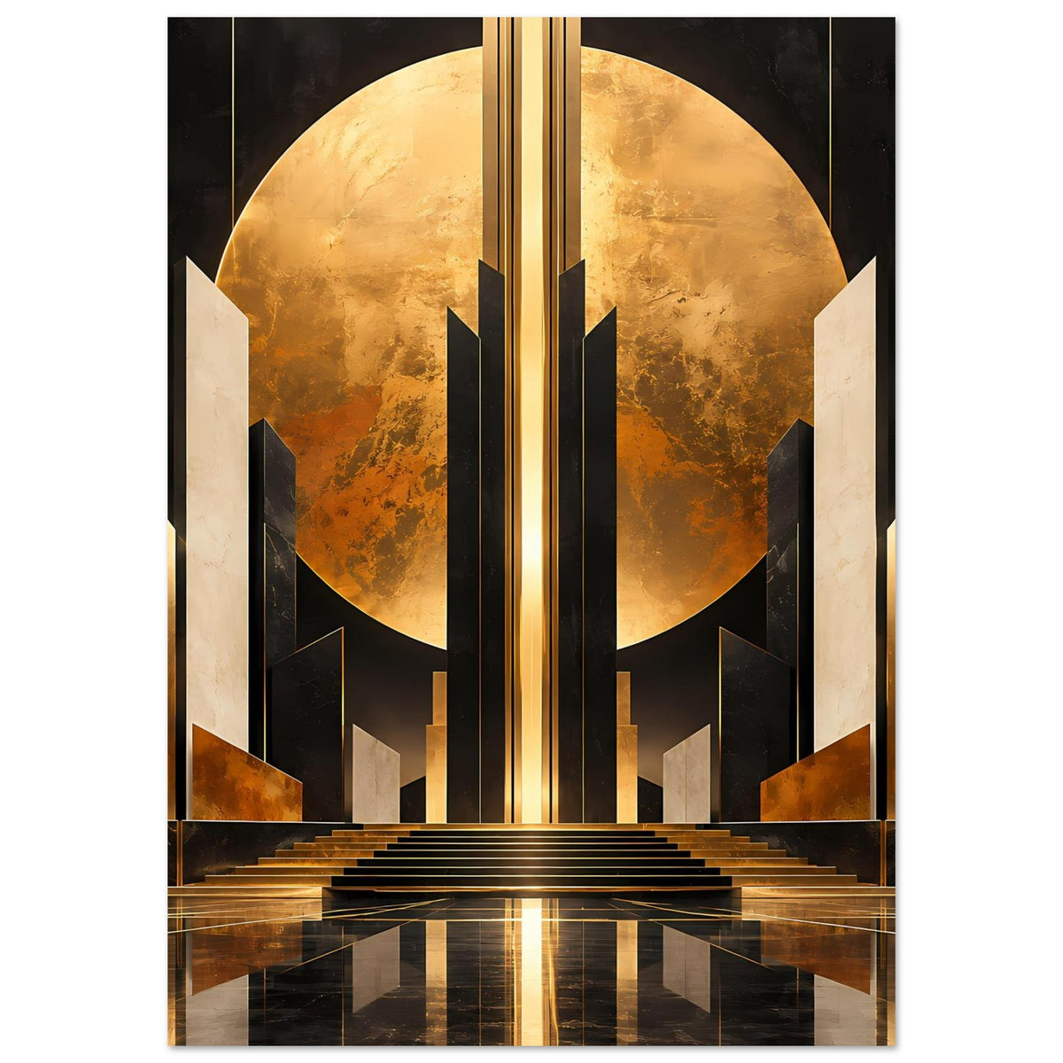 Art-Deco-Poster: goldener Halbkreis über Treppen, vertikale Säulen in Schwarz und Gold