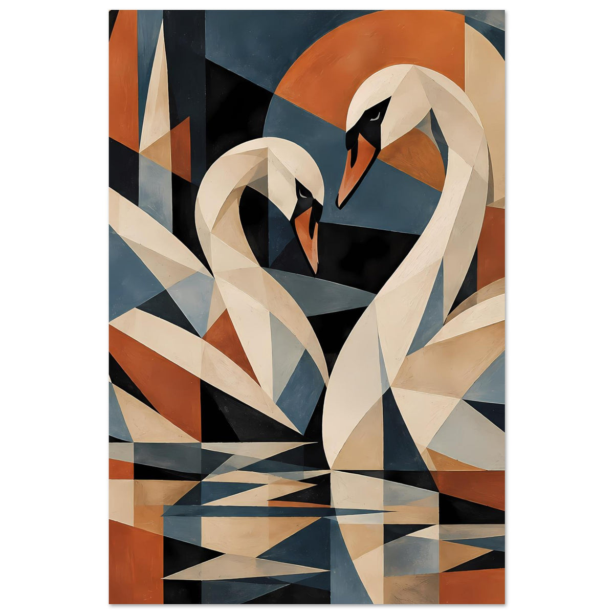 Kubistisches Schwanen-Poster mit abstraktem Motiv in Blautönen, Orange und Beige