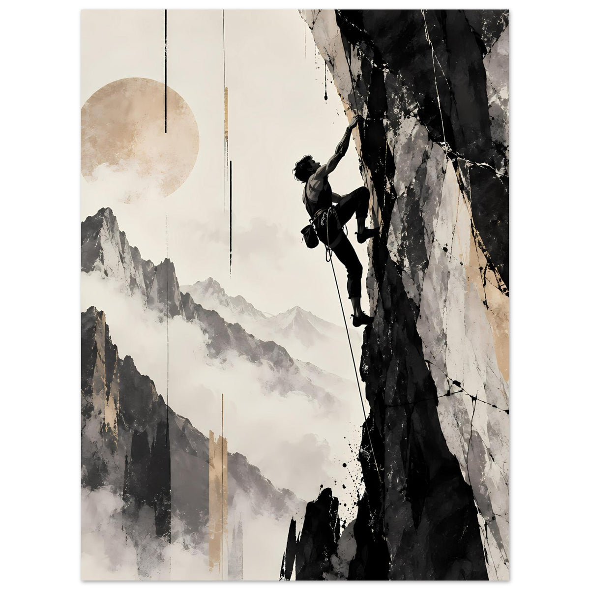 Poster mit Bergsteiger am Fels, umlaufender Gebirgsmalerei in Grau, Schwarz und Beige