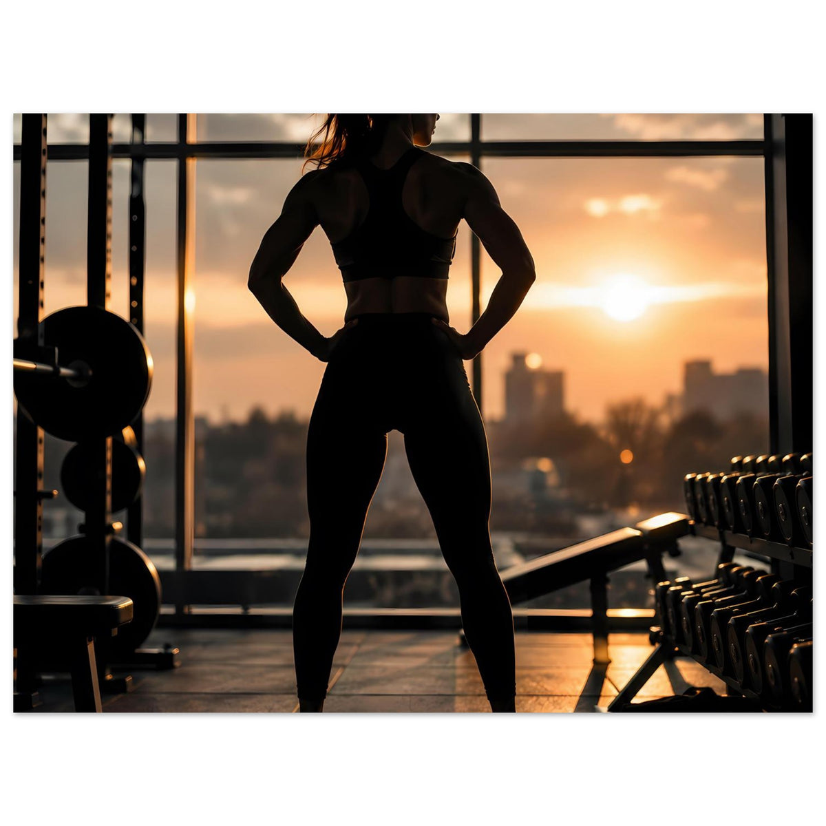 Fitness-Poster mit Sportlerin-Silhouette in schwarzer Trainingskleidung, Ganzkörper