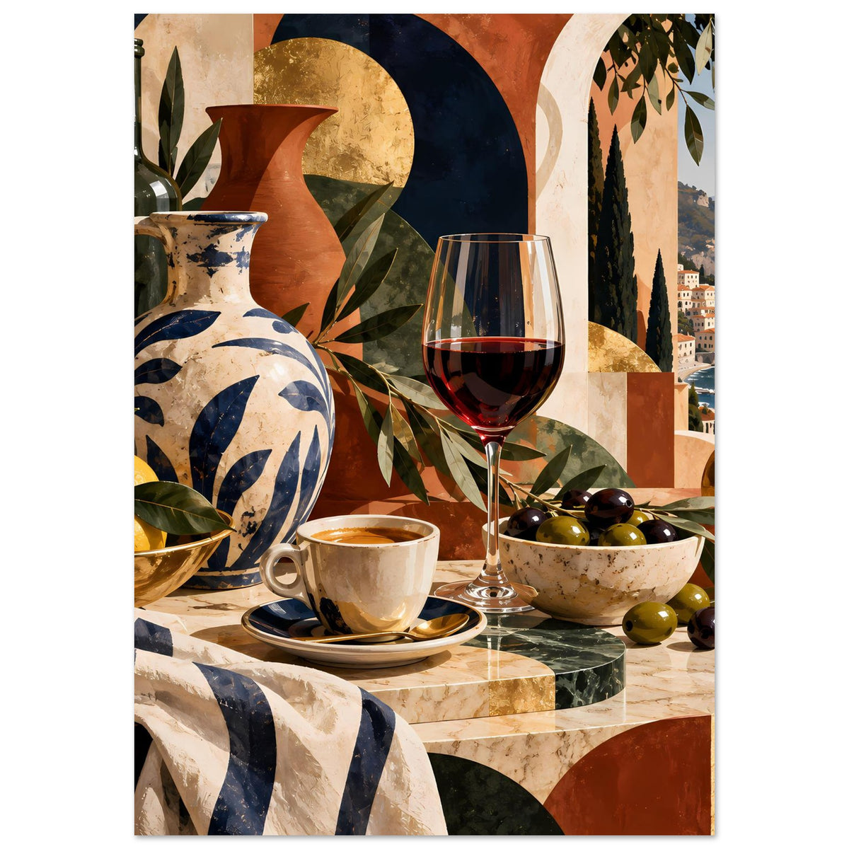 Mediterranes Poster mit Weinglas, Tasse, Vase und Schüssel mit Oliven und Olivenzweigen