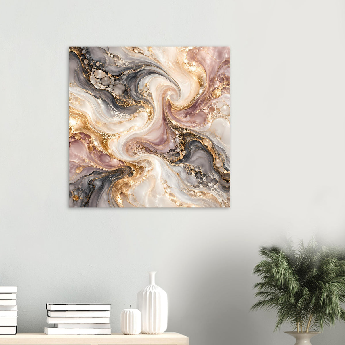 Quadratisches Marmor-Poster mit goldenen Akzenten in Grau, Beige und Rosé