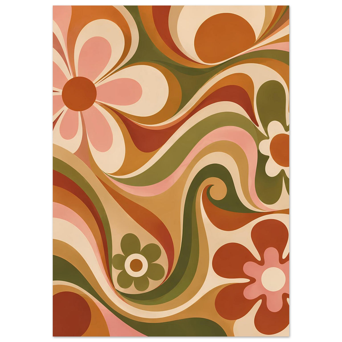 Retro-Blumenposter mit Blumenwirbeln, Blüten und Kreisen in Olivgrün, Orange, Creme, hochkant