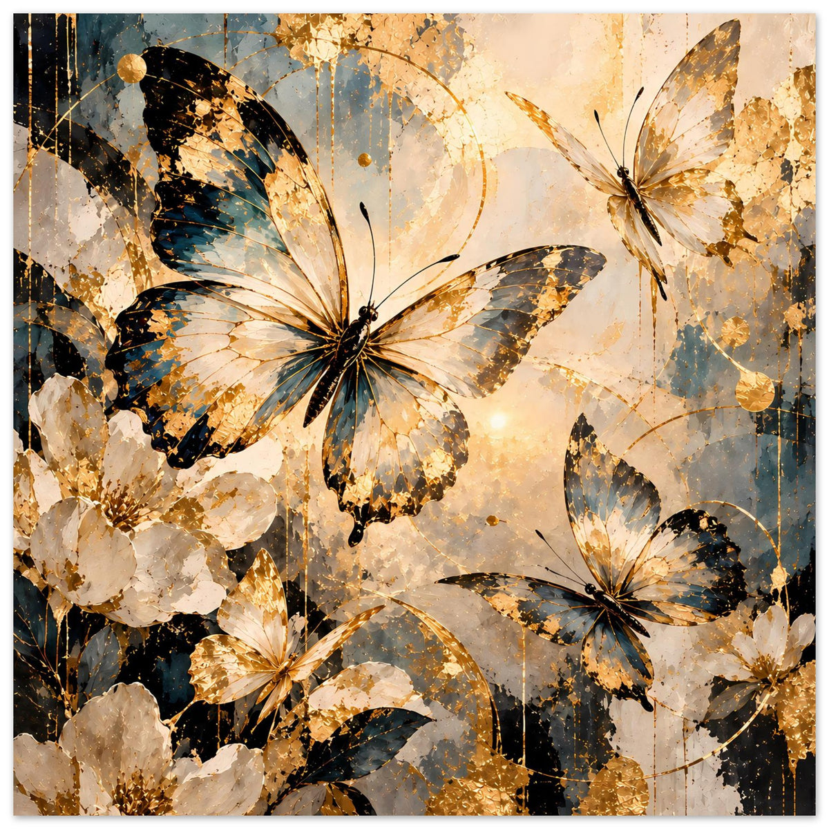 Schmetterlings-Poster mit goldenen Highlights, blauen Elementen und fünf Schmetterlingen