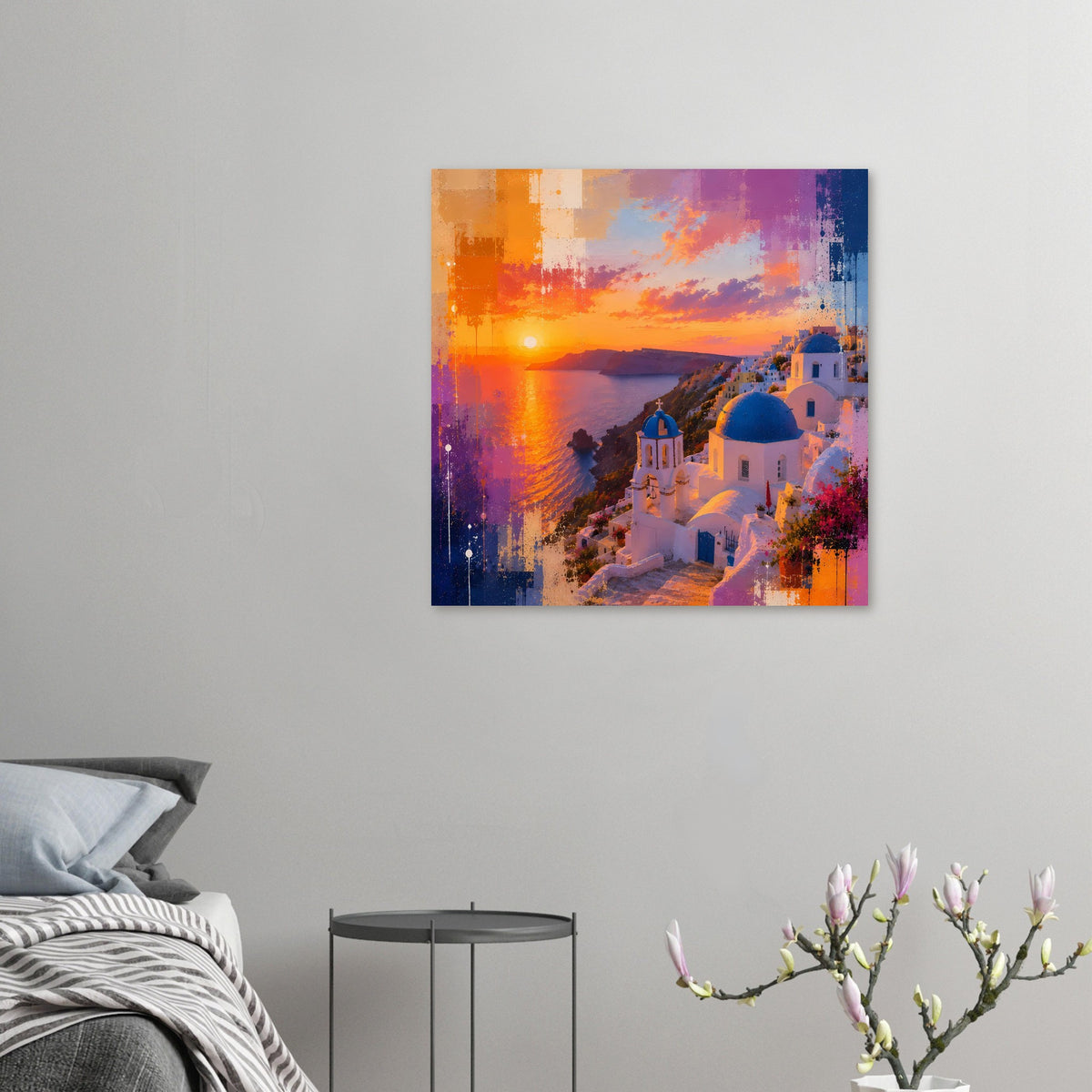 Kleines Santorini-Sonnenuntergangs-Poster mit blauer Kuppel, weißem Ort und Meer