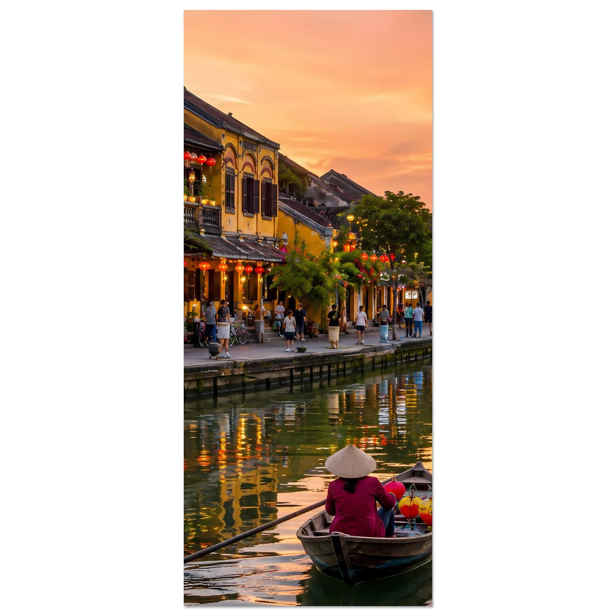 Vertikales Poster mit Fluss, Boot mit Kind und Uferhäusern bei Sonnenuntergang.