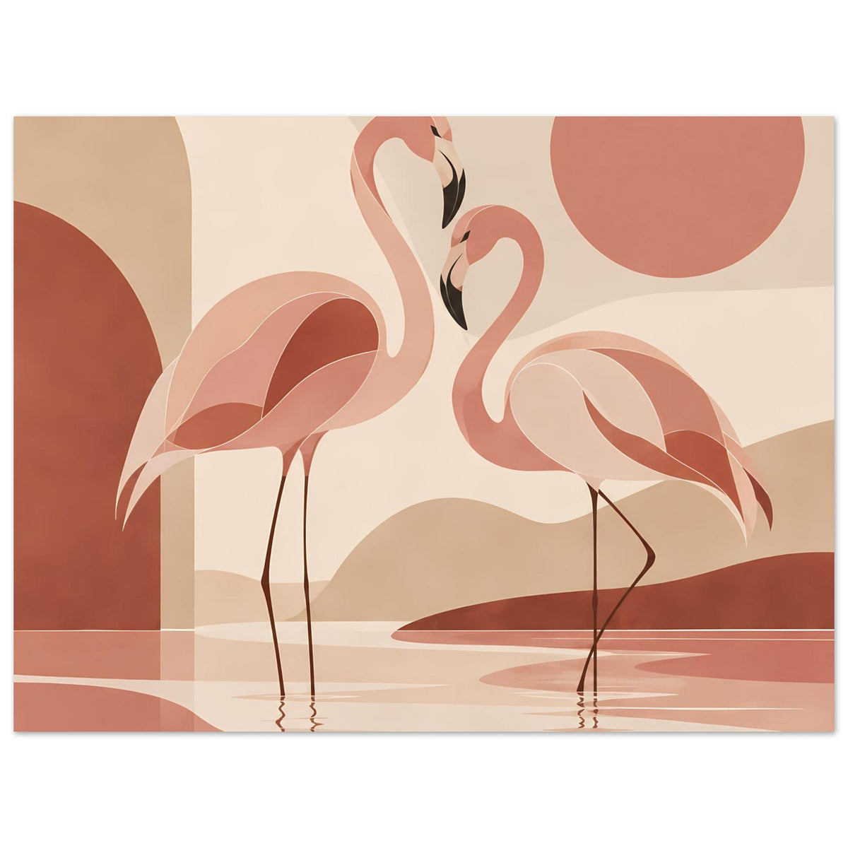 Naturposter mit zwei Flamingos, warmes Abstract-Motiv mit Wasserfläche und runden Formen