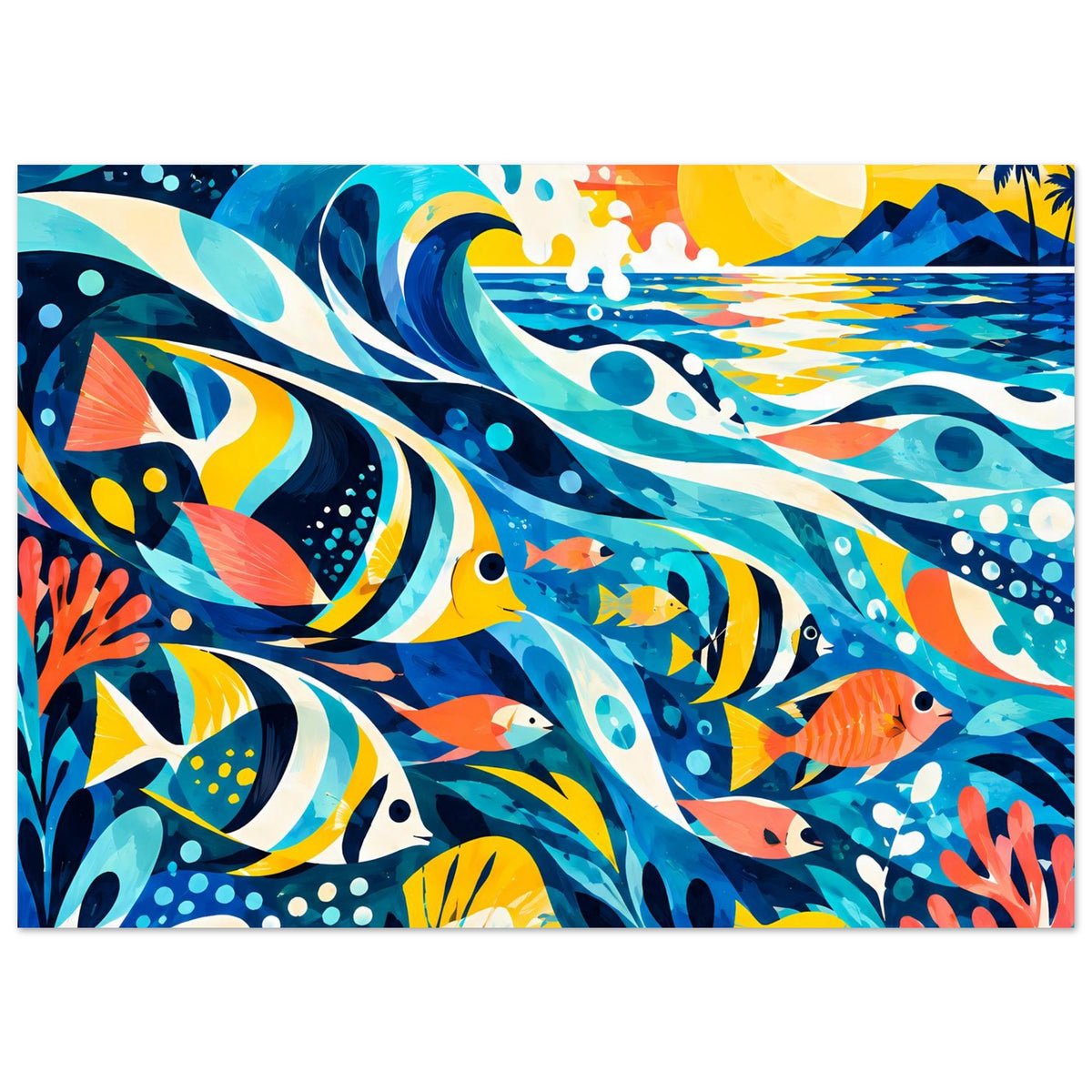 Querformat-Poster mit bunten Fischen, Wellen und gelber Sonne über dem Meer