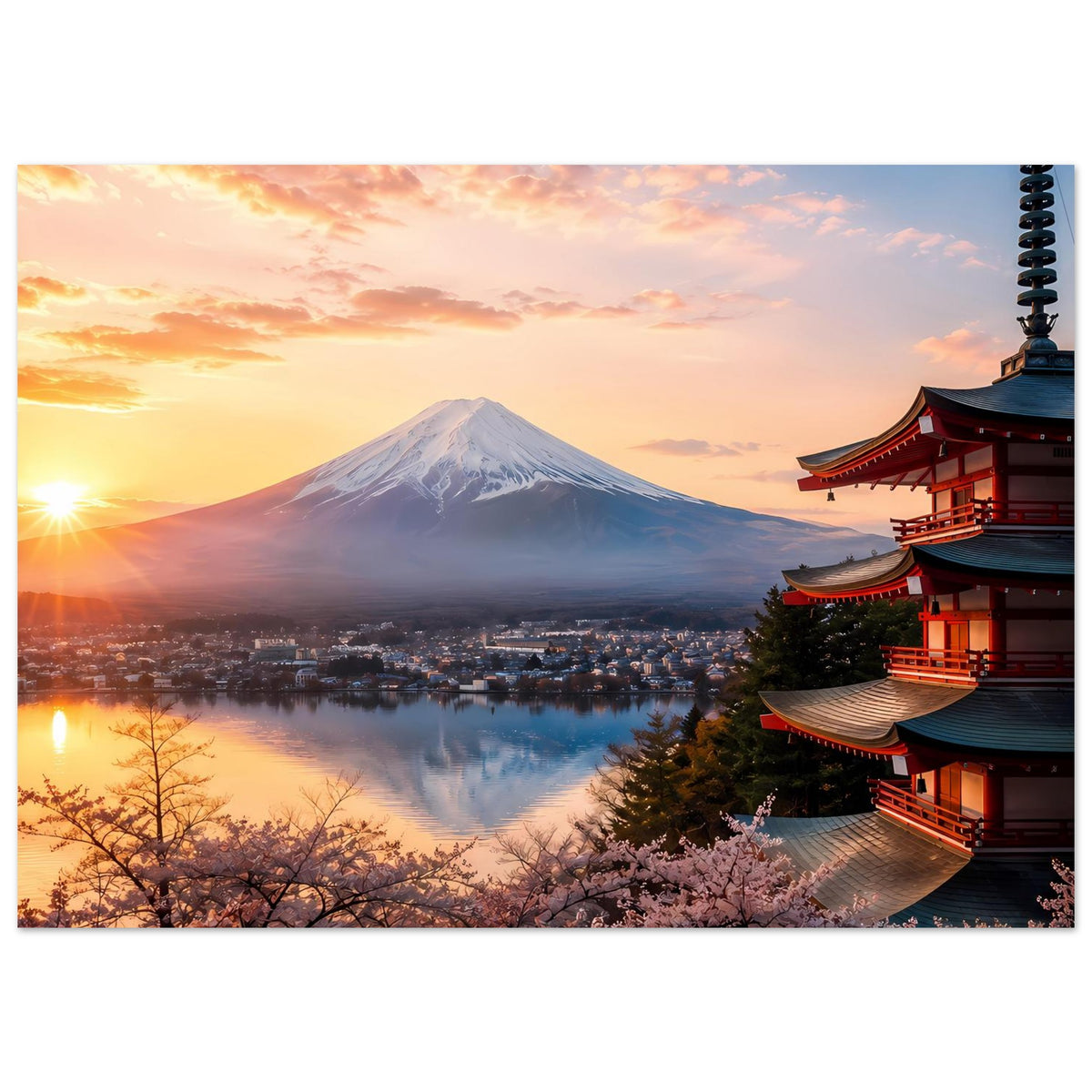 Japanisches Landschaftsposter mit Fuji, Kirschblüten und Tempel-Pagode rechts bei Sonnenaufgang