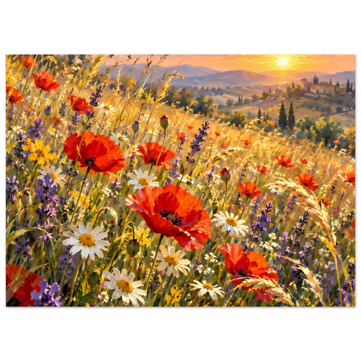 Wildblumen-Poster mit dichtem Blütenmeer: rote Mohnblüten, weiße Gänseblümchen, Abendsonne
