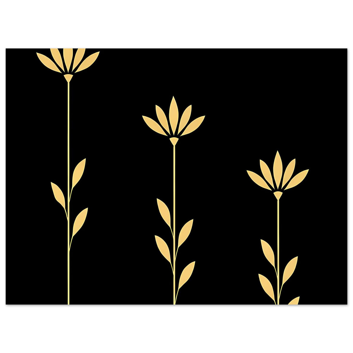 Botanisches Kunstposter mit drei goldenen Blüten und schlanken Stielen auf dunklem Grund