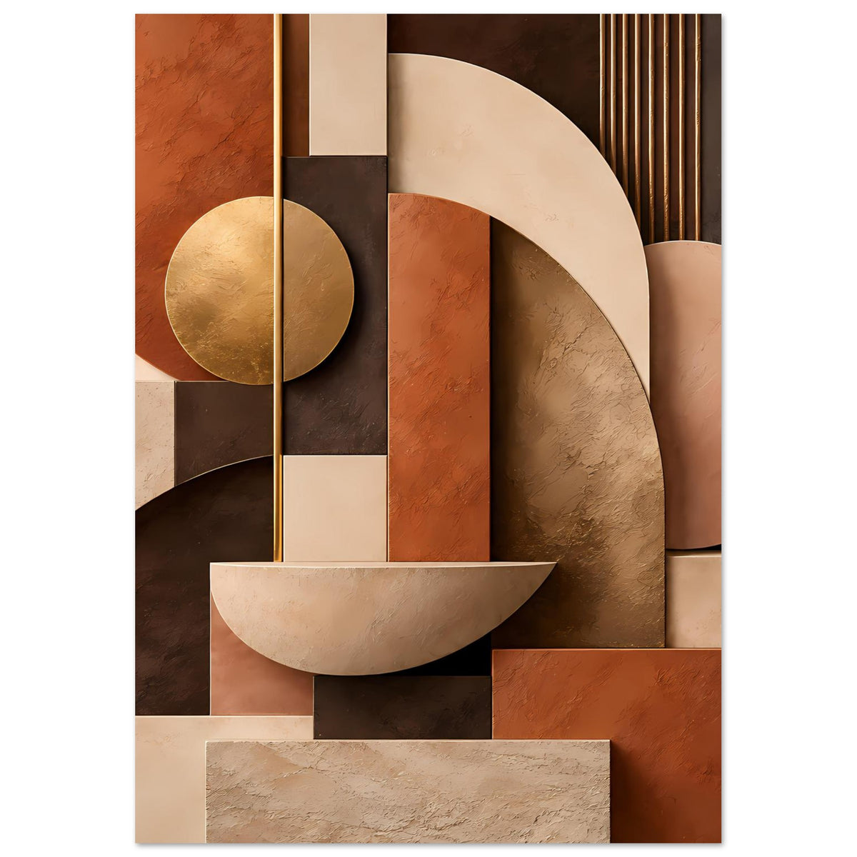 Kunstposter im Detail: goldener Kreis, Bögen und farbige Rechtecke in Terrakotta und Beige