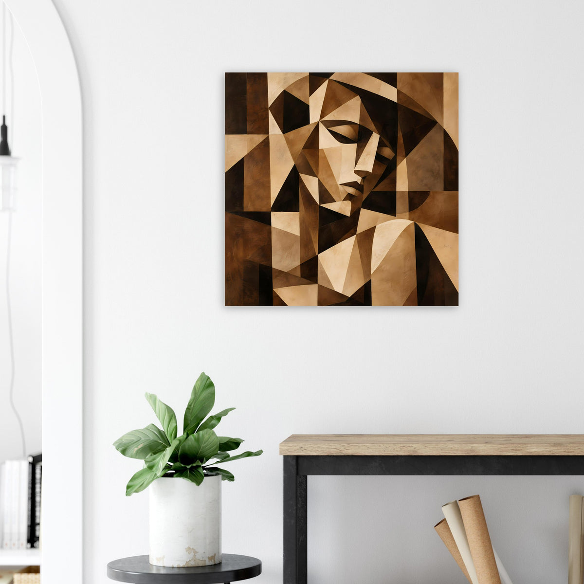 Kubistisches Kunstposter mit kubistischen Blockformen, Braun-Beige Palette