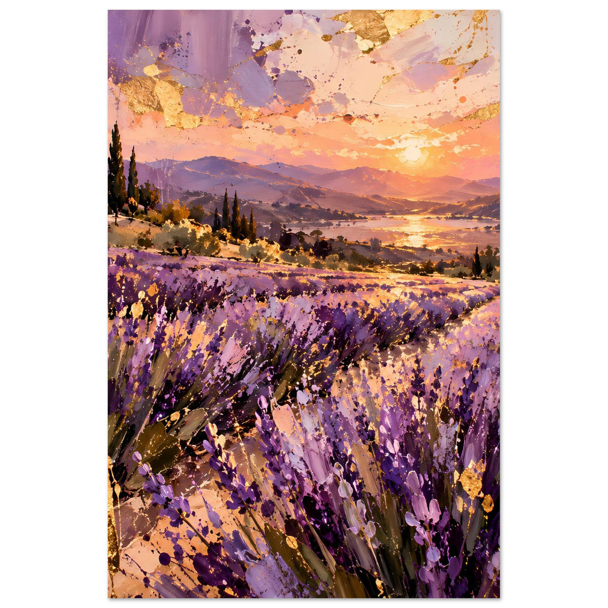 Landschaftsposter mit Lavendelfeld, violetten Blüten und goldener Sonne über Hügeln