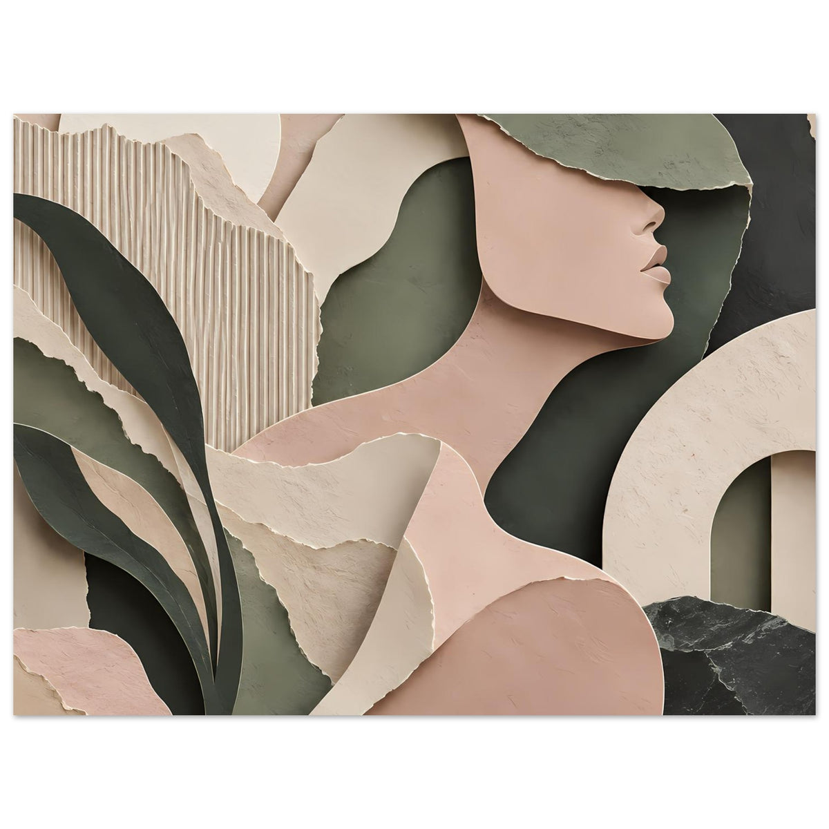 Abstraktes Frauenkunst-Poster mit Frauenprofil, Blattmotiv links und dunklem Marmor-Akzent in Beige und Grün.