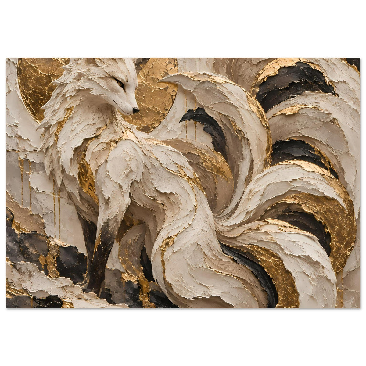 Kunstposter mit Fuchs-Motiv, abstrakt in Creme, Gold und Dunkelbraun mit reliefartiger Struktur
