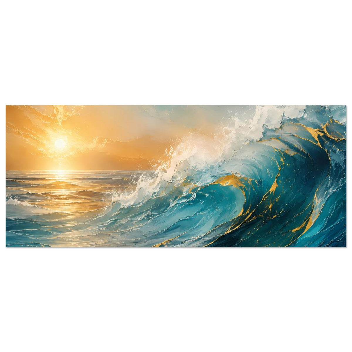 Breites horizontales Poster mit Wellenmeer und goldener Abendsonne im Hintergrund