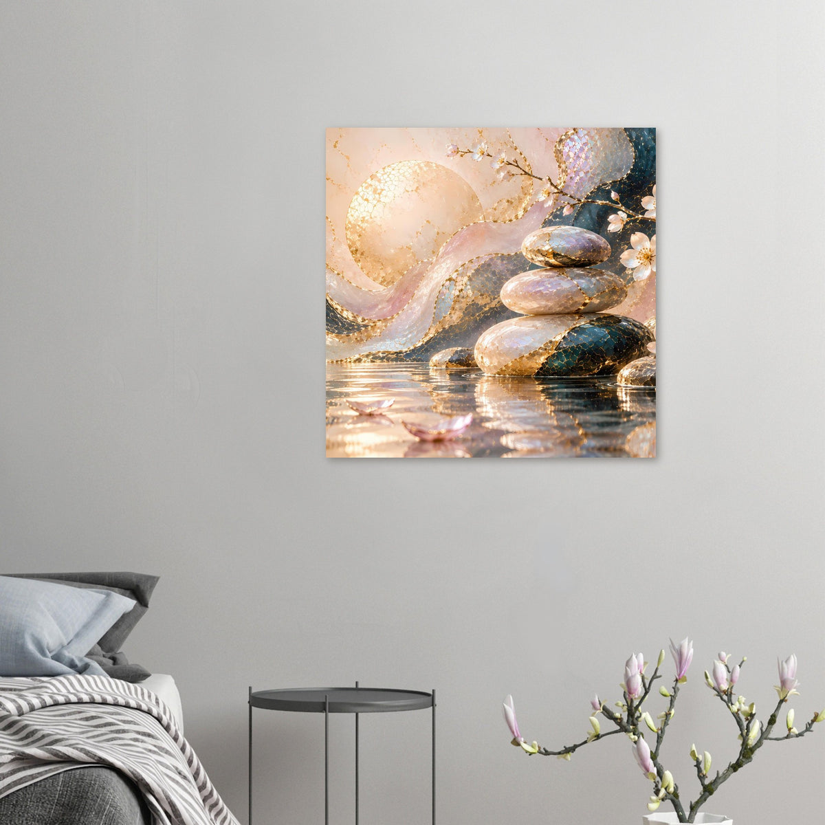 Kleines Poster an der Wand: abstraktes Steinhaufen-Motiv mit goldenen Akzenten, Querformat