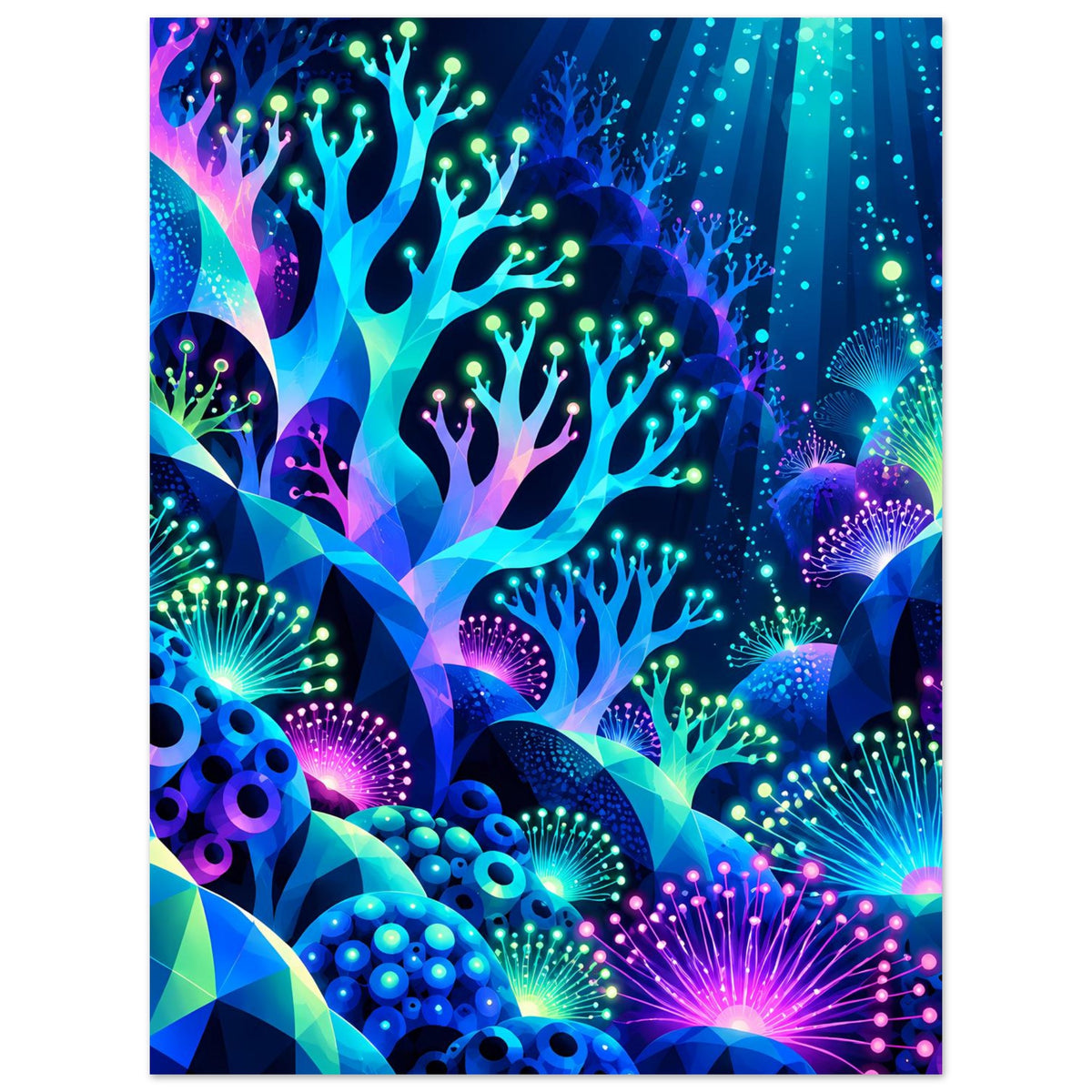 Unterwasserposter mit leuchtenden Korallen und farbigen Lichtstrahlen, zentrierte Ansicht