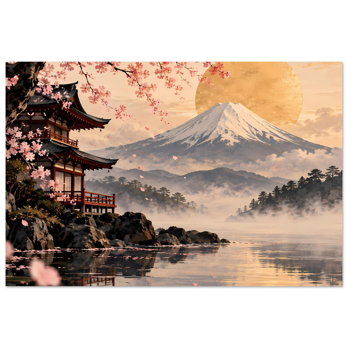 Posteransicht mit Fuji-Berg, Kirschblüten am Baum und Tempel am Wasser