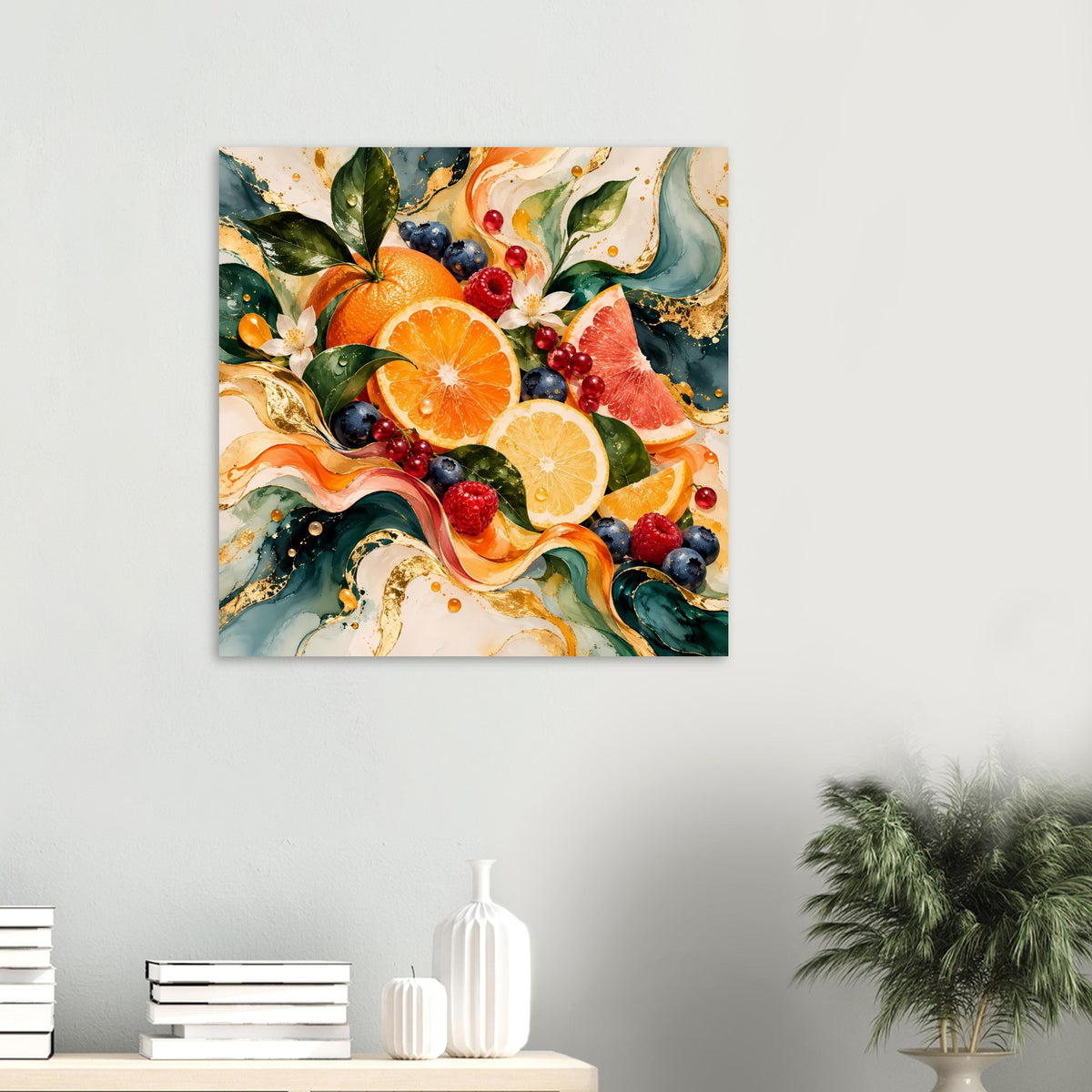 Wandposter mit Früchte-Kunst auf heller Wand, Orangen und Beeren im abstrakten Stil