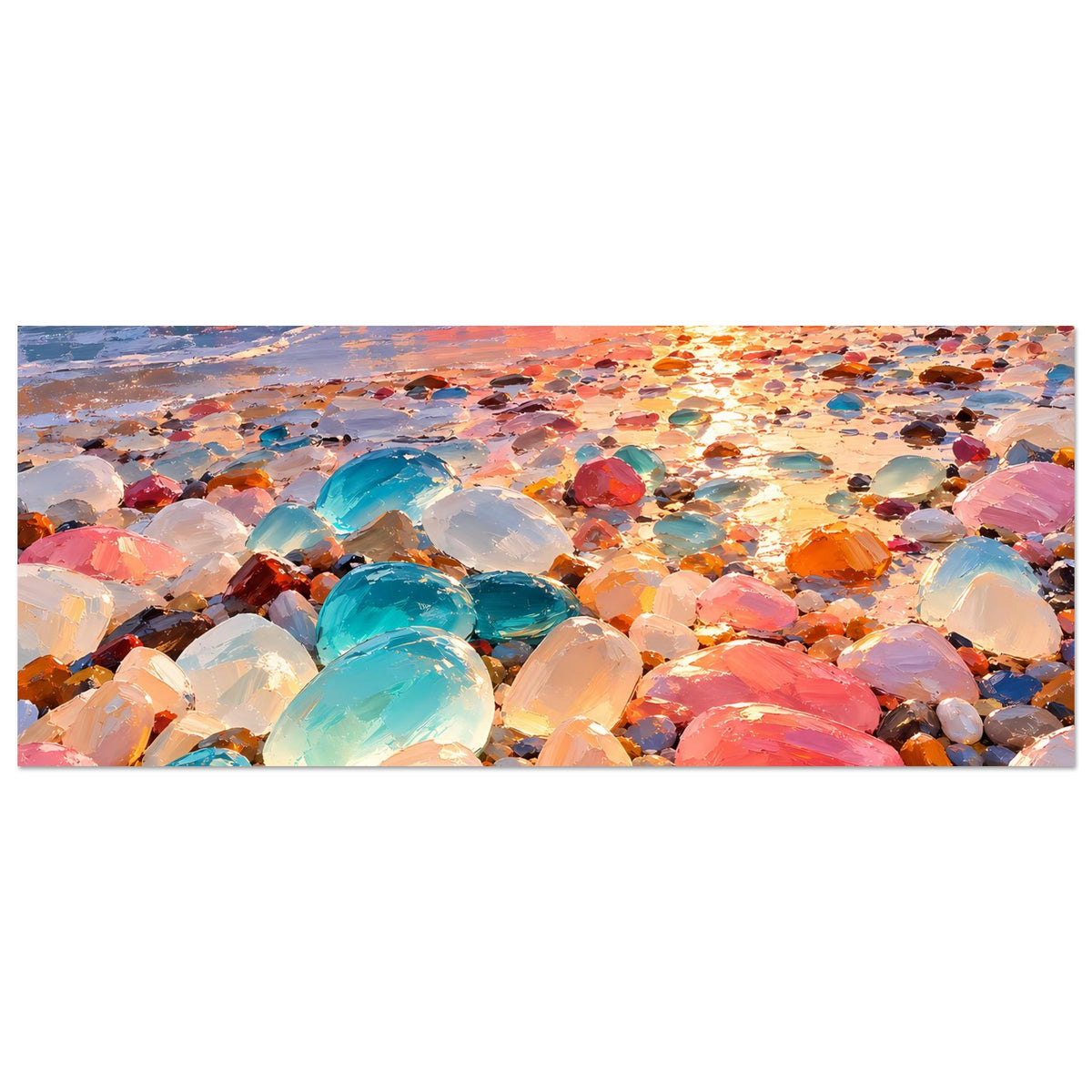 Wandposter mit Sonnenuntergangslicht, bunte Strandsteine und Meer im Hintergrund
