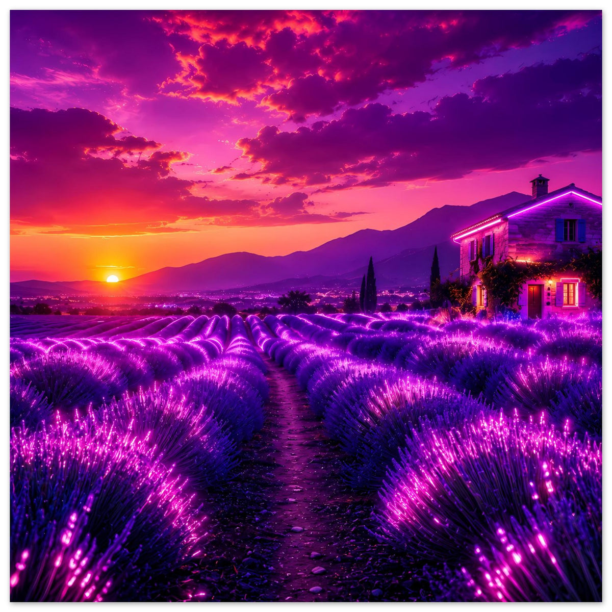 Premium-Poster mit leuchtendem Lavendelfeld, violetten Blüten und Haus am Sonnenuntergang