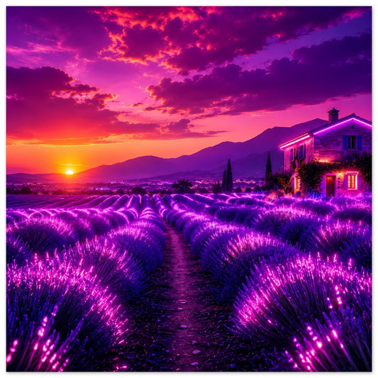 Premium-Poster mit leuchtendem Lavendelfeld, violetten Blüten und Haus am Sonnenuntergang