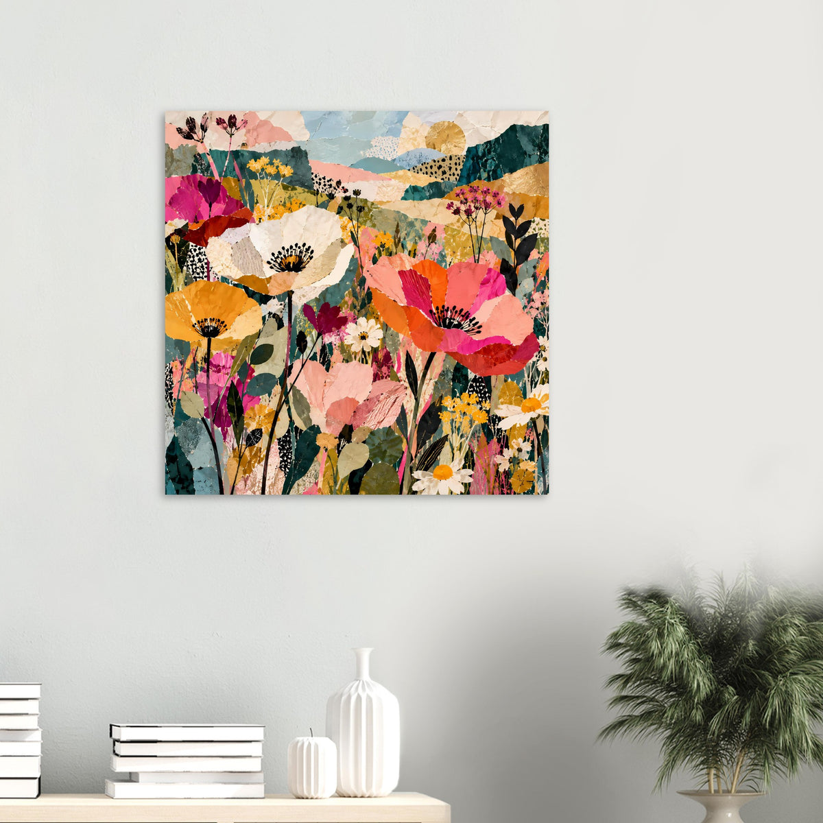 Blumen-Kollage-Poster im quadratischen Format mit bunten Blüten und abstraktem Hintergrund