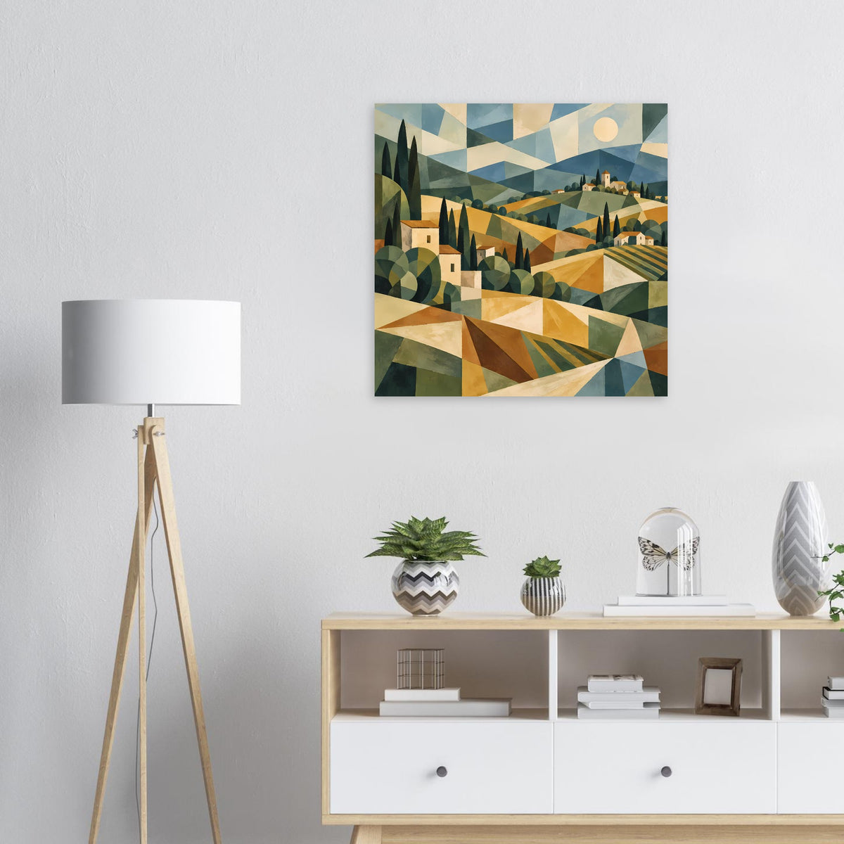 Quadratisches Poster mit geometrischer Hügel- und Toskana-Landschaft, warmen Erdtönen, Zypressen